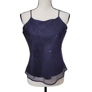 Merona Size M Navy Blue 100% Silk Cami/Tank. Sheer with Sequins over Solid